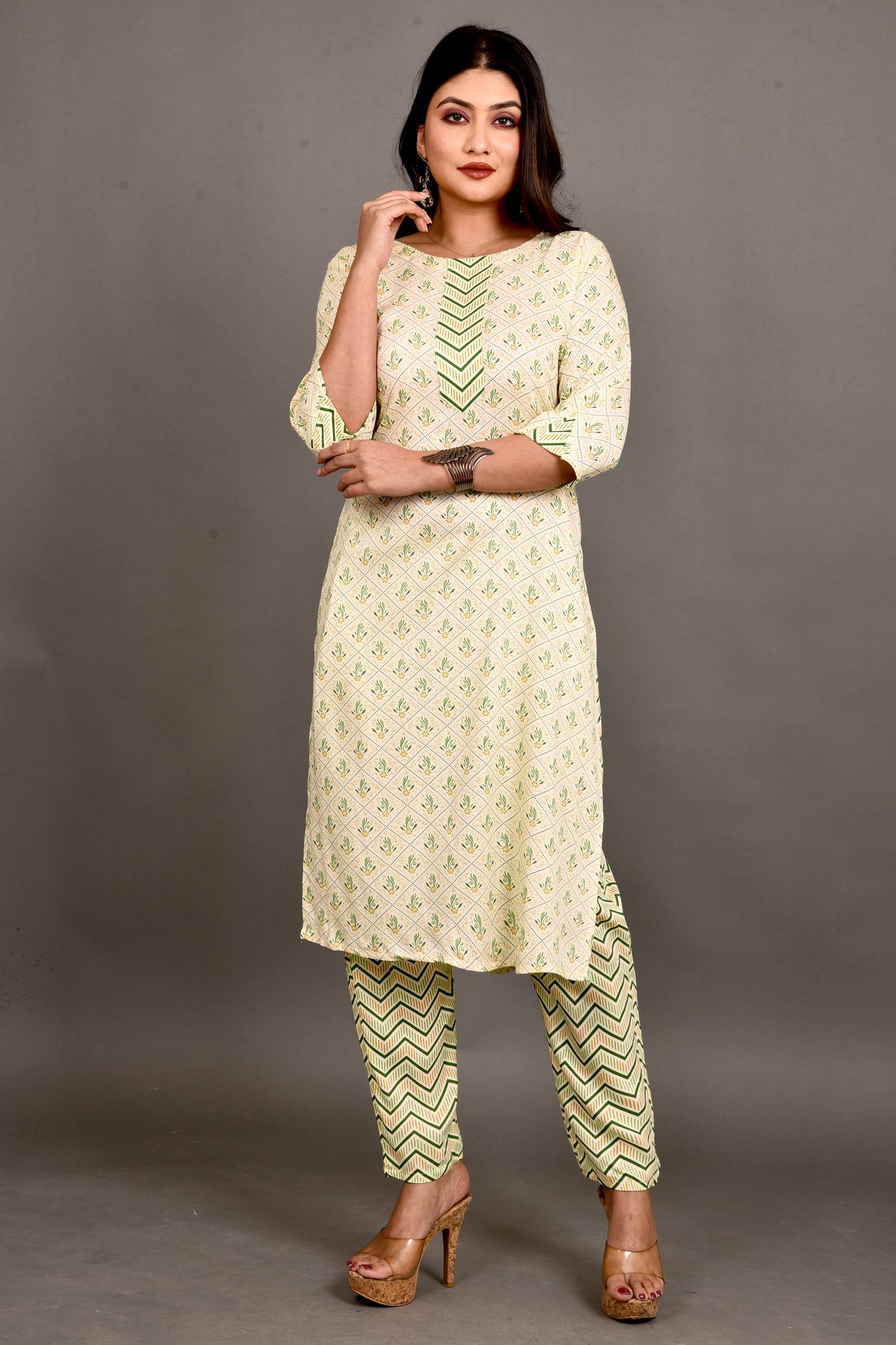 Yellow Green Floral Print Kurta With Pant