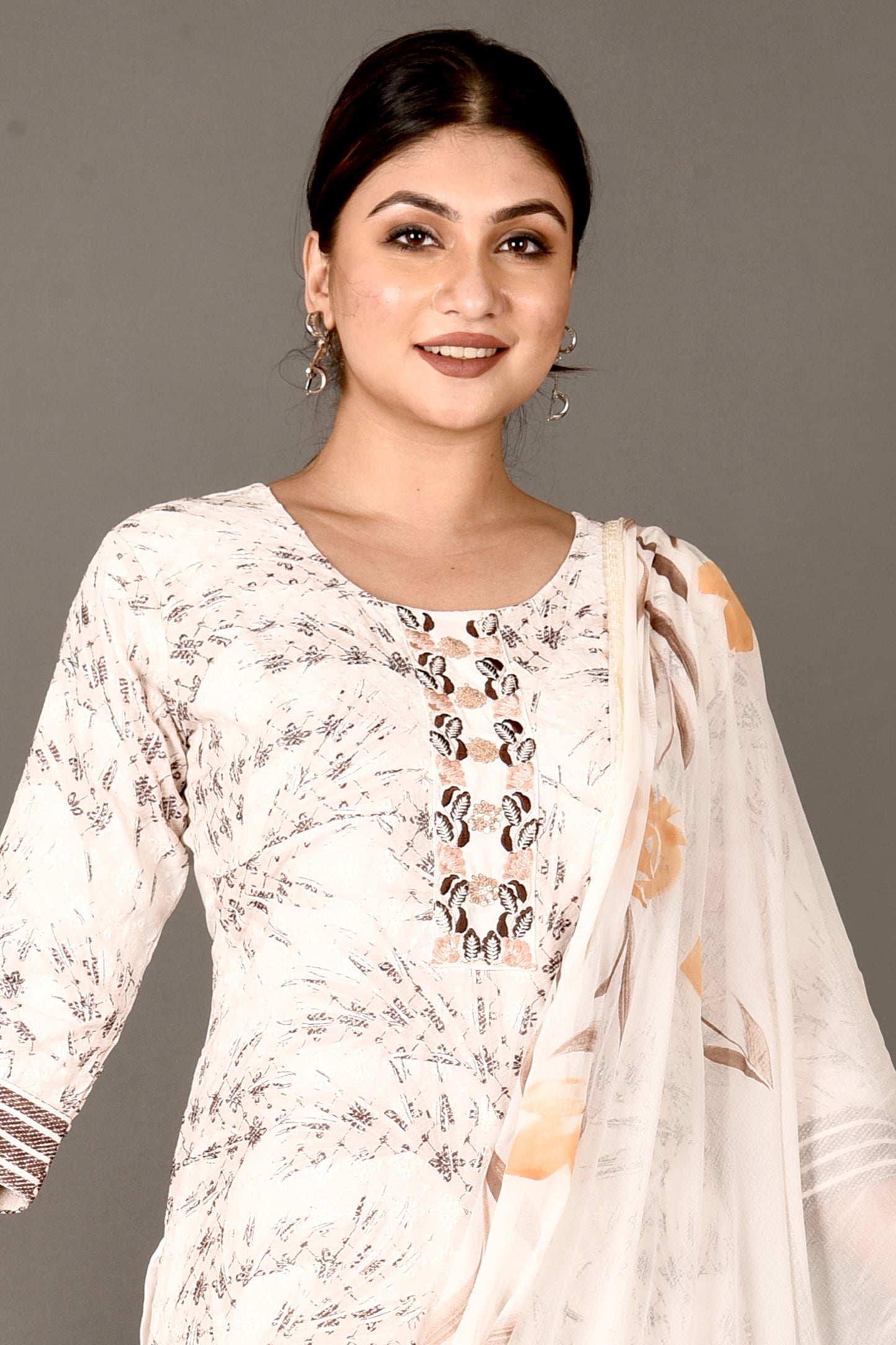 Off-White & Brown Embroidered Kurta With Pant & Dupatta