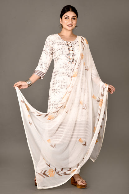 Off-White & Brown Embroidered Kurta With Pant & Dupatta