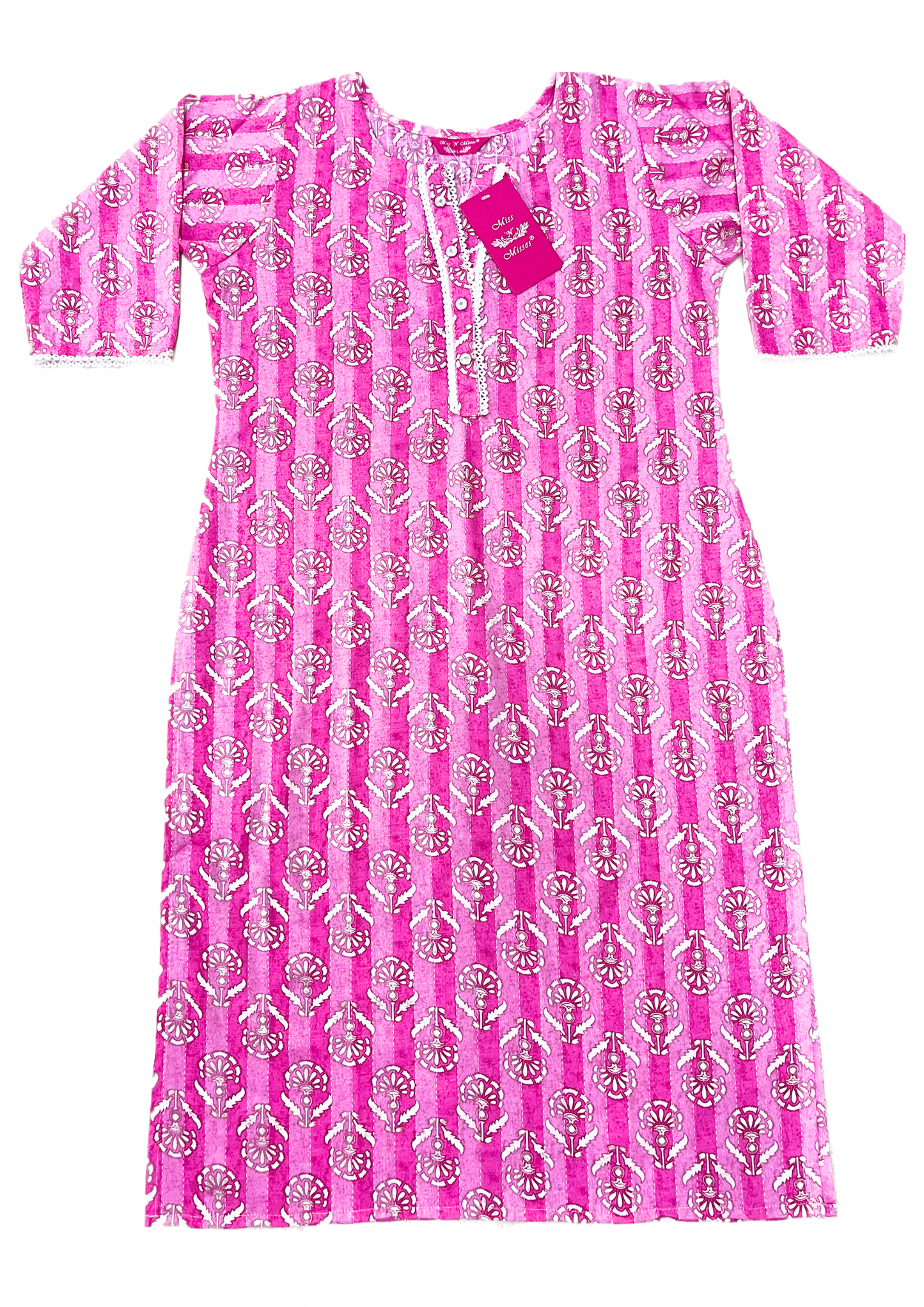 Pink Floral Threadwork Straight Kurta