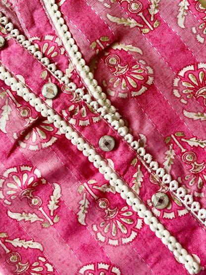 Pink Floral Threadwork Straight Kurta