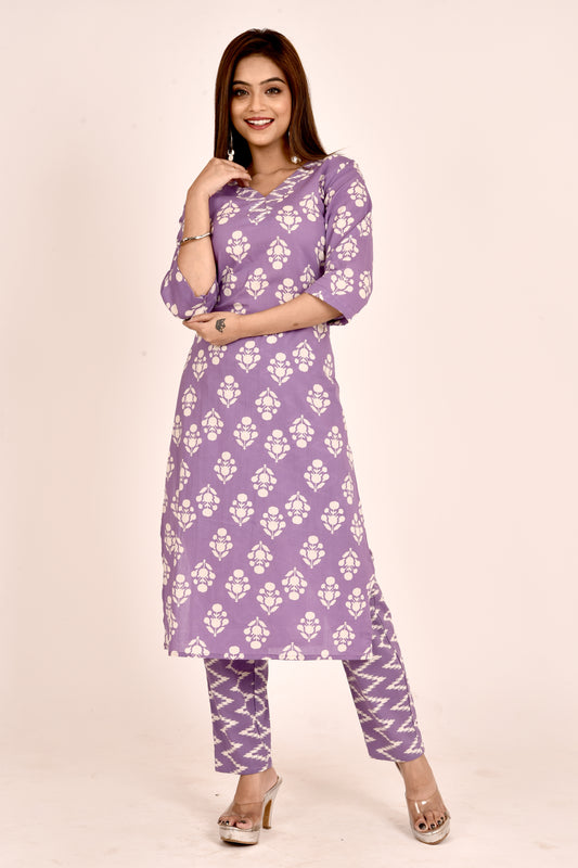 Lavender Floral Print Kurta With Pant