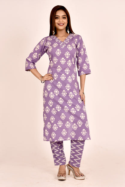 Lavender Floral Print Kurta With Pant