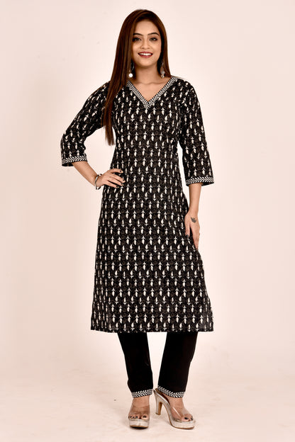 Black Leaf Print Kurta With Pant