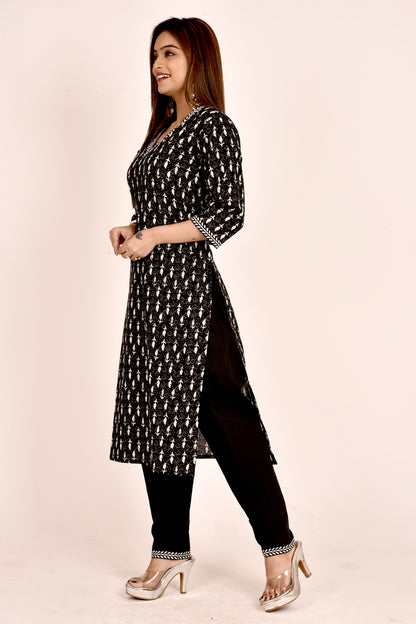 Black Leaf Print Kurta With Pant