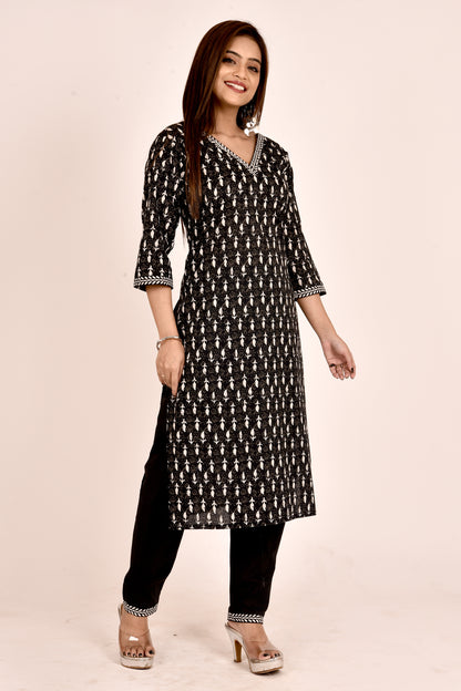 Black Leaf Print Kurta With Pant