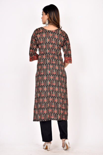 Black Red Mix & Match Geometric Print Straight Kurta