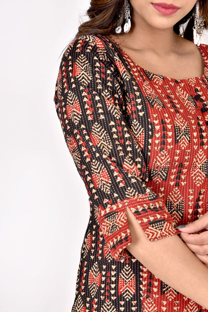 Black Red Mix & Match Geometric Print Straight Kurta