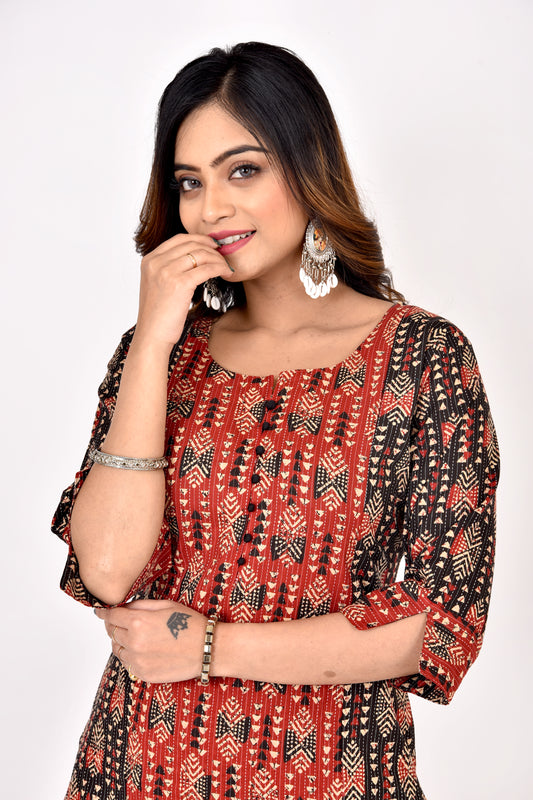 Black Red Mix & Match Geometric Print Straight Kurta