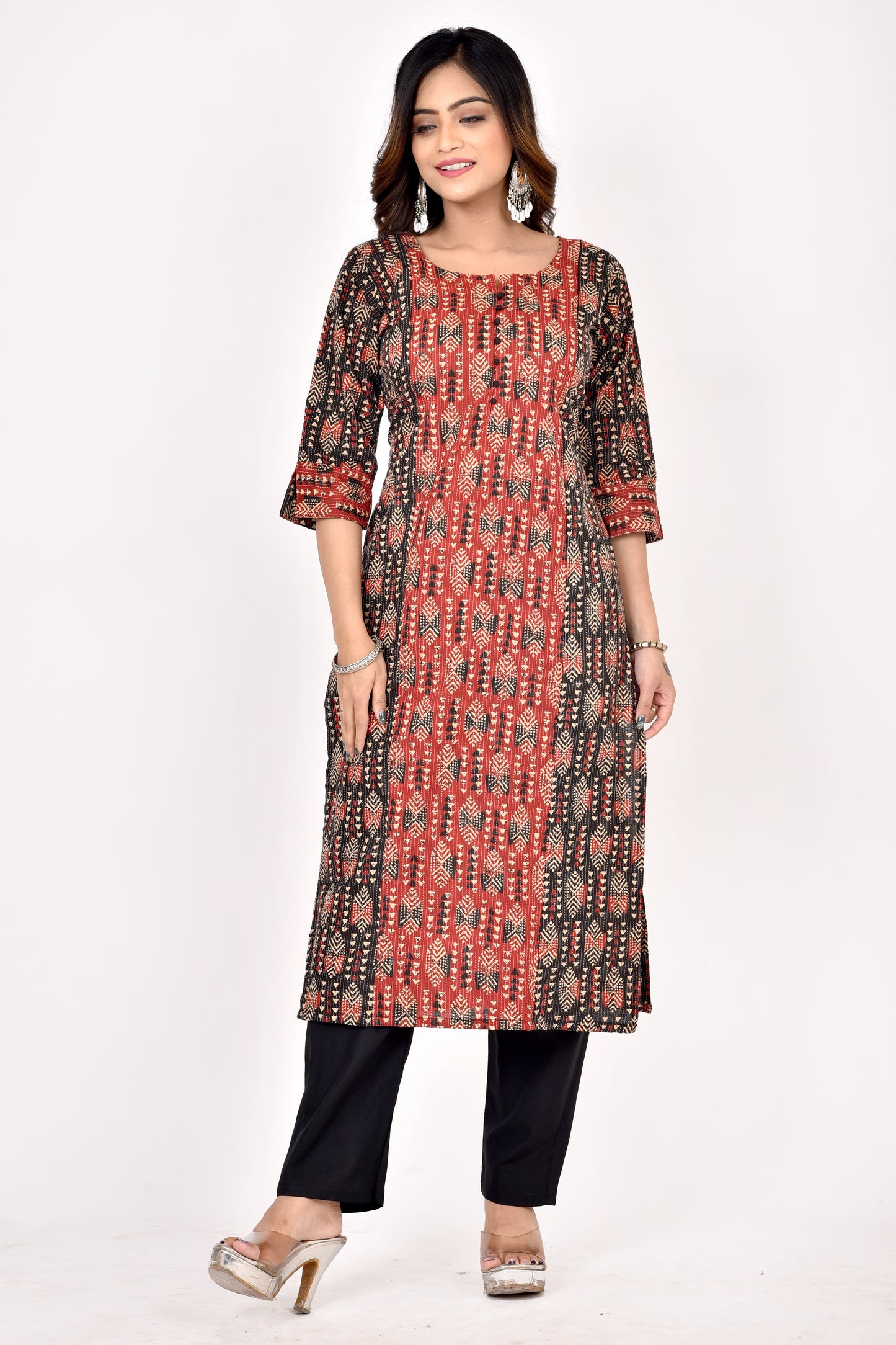 Black Red Mix & Match Geometric Print Straight Kurta