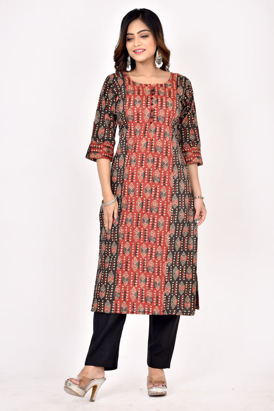 Black Red Mix & Match Geometric Print Straight Kurta