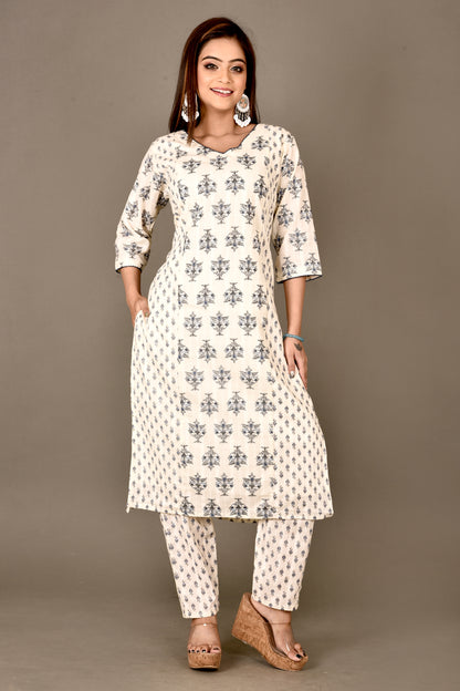 Off-White & Blue Mix-Match Floral Print Kurta With Pant