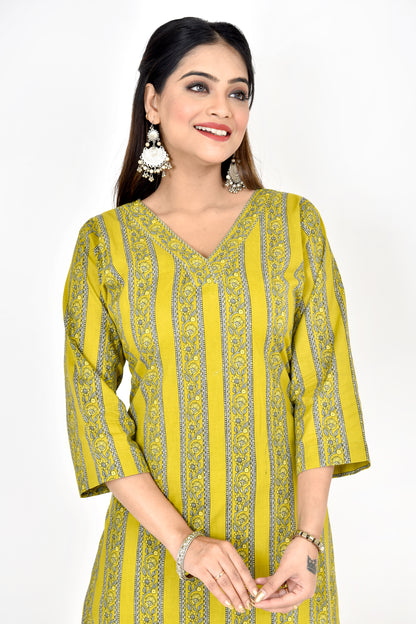 Mehendi Green Striped Straight Kurta
