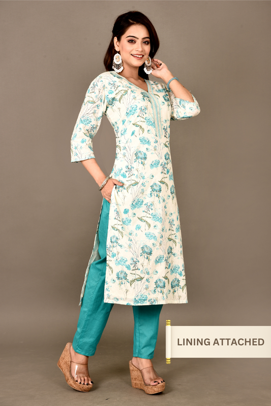 Off-White & Aqua Blue Floral Print Kurta With Pant