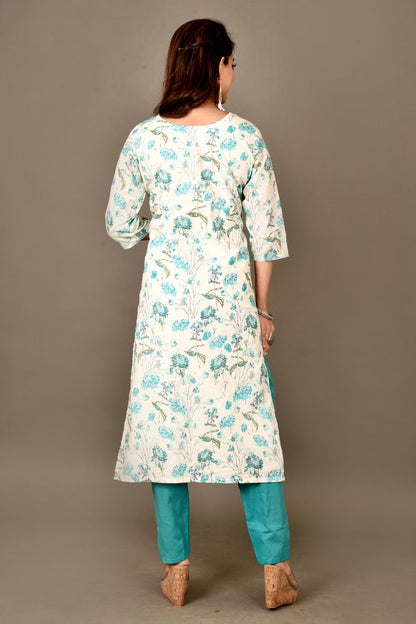 Off-White & Aqua Blue Floral Print Kurta With Pant