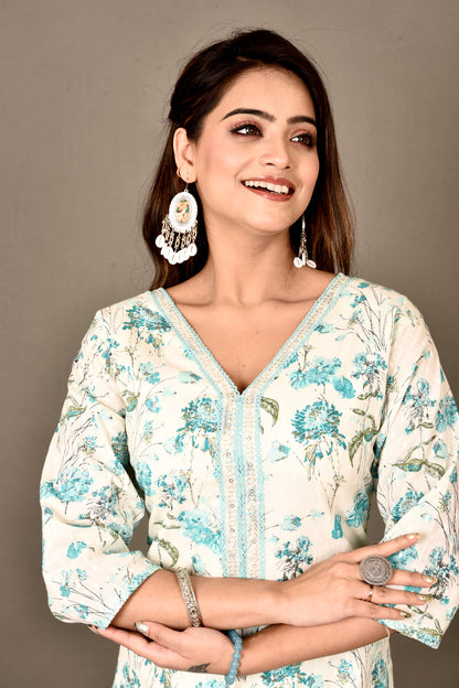 Off-White & Aqua Blue Floral Print Kurta With Pant