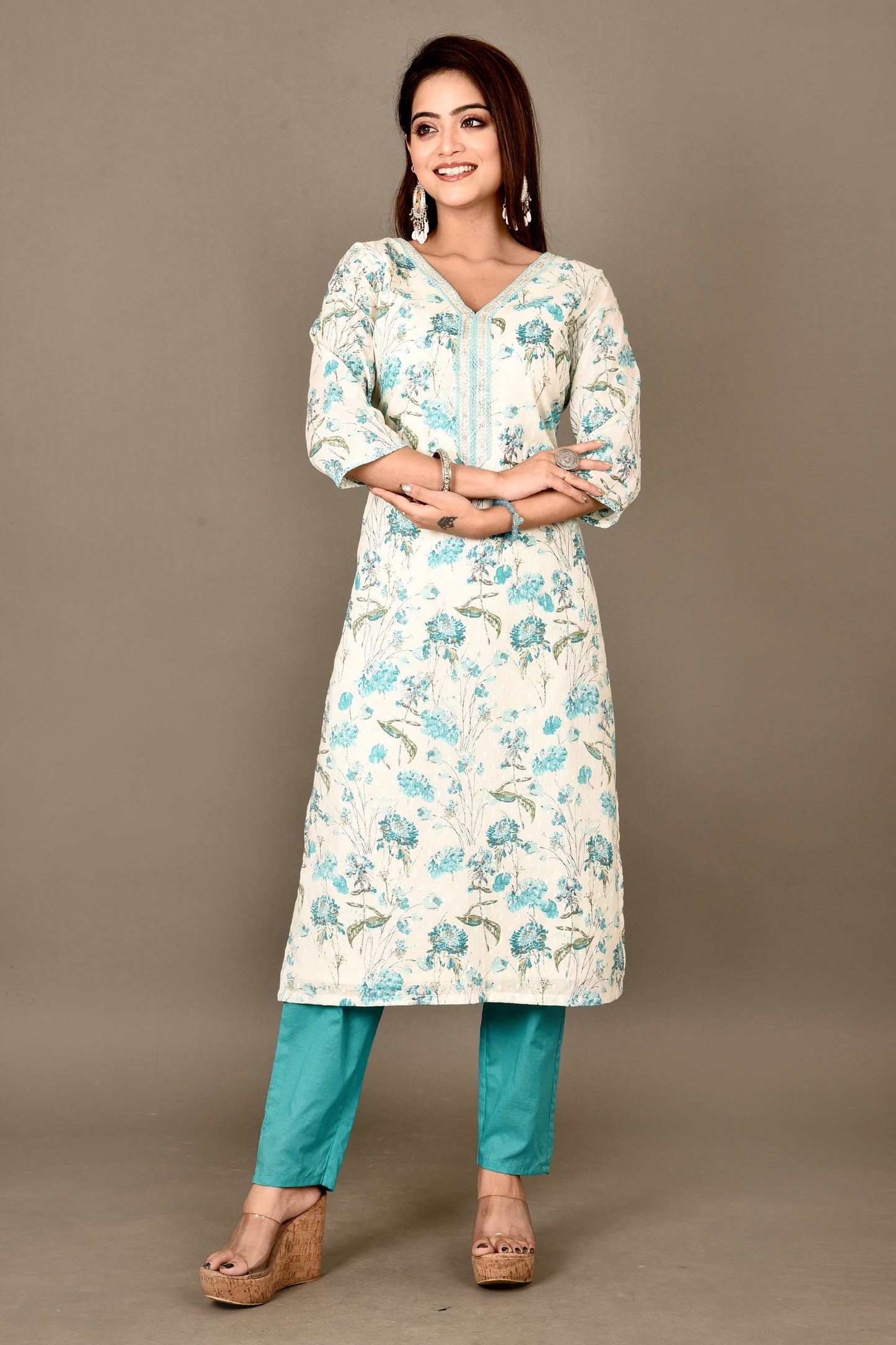 Off-White & Aqua Blue Floral Print Kurta With Pant