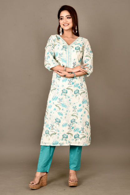 Off-White & Aqua Blue Floral Print Kurta With Pant