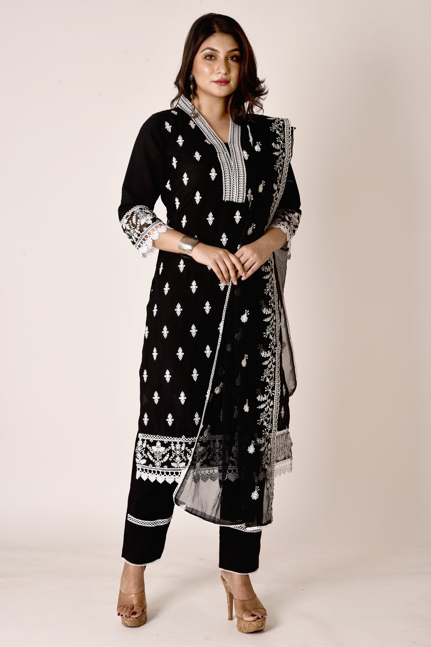 Black Embroidered Kurta With Pant & Dupatta