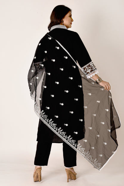 Black Embroidered Kurta With Pant & Dupatta