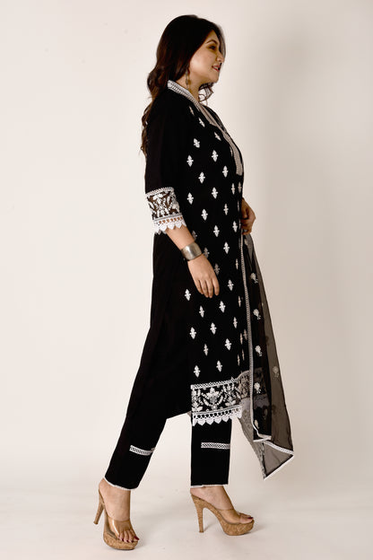 Black Embroidered Kurta With Pant & Dupatta