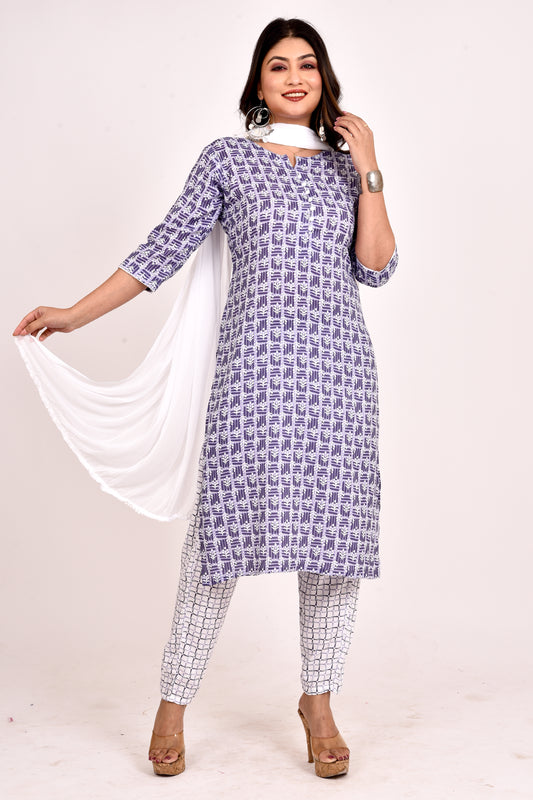 Purple Floral Print Kurta With Pant & Dupatta