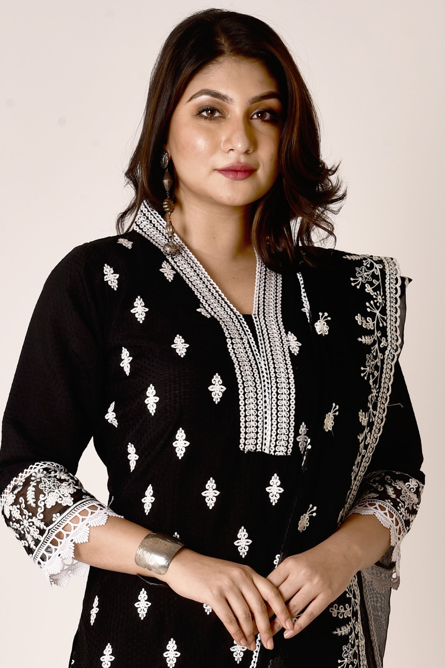 Black Embroidered Kurta With Pant & Dupatta