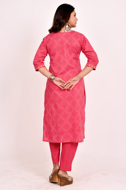 Magenta Pink Bandhani Embroidered Kurta With Pant