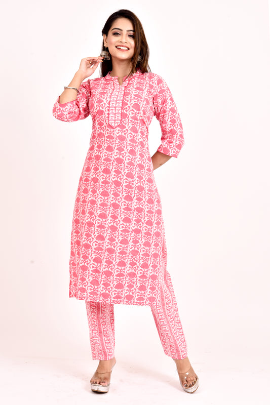 Pink Floral Print Threadwork Kurta With Pant