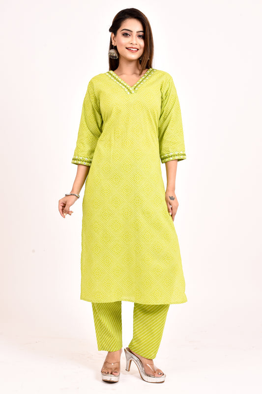 Lime Green Bandhani Print Embroidered Kurta With Pant