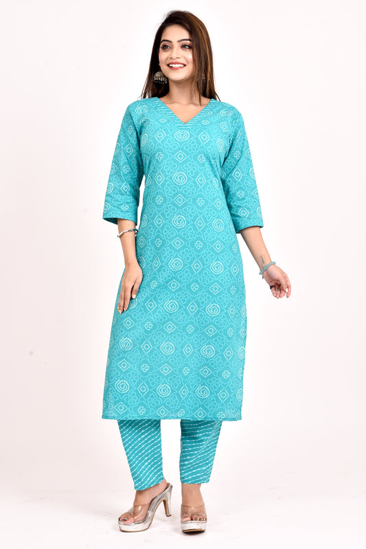 Aqua Blue Bandhani Print Kurta With Pant