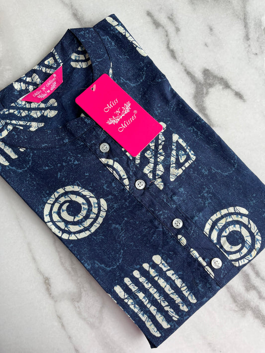 Navy Blue Geometric Print Straight Kurta