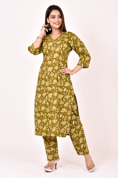 Olive Green Floral Print Kurta With Pant