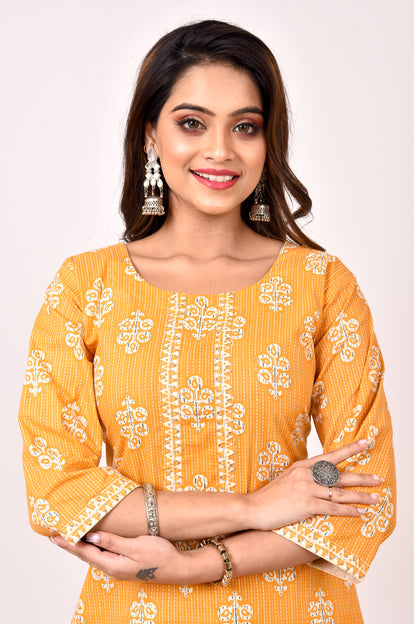 Mustard Yellow Floral Print Kurta With Pant