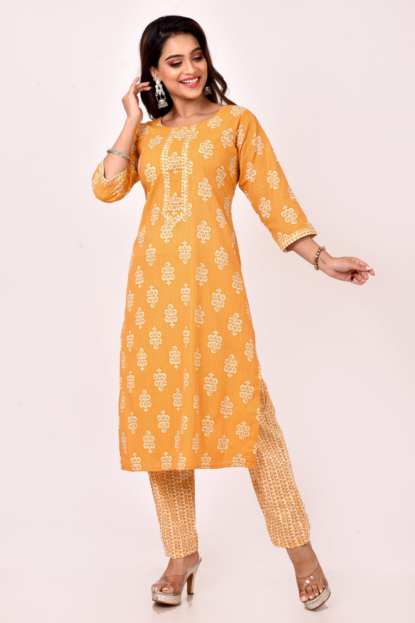 Mustard Yellow Floral Print Kurta With Pant