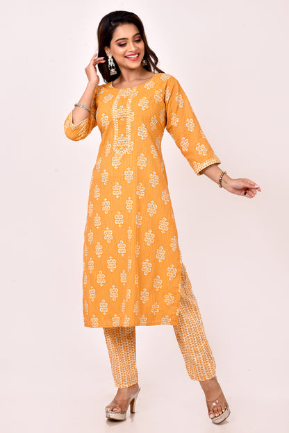 Mustard Yellow Floral Print Kurta With Pant