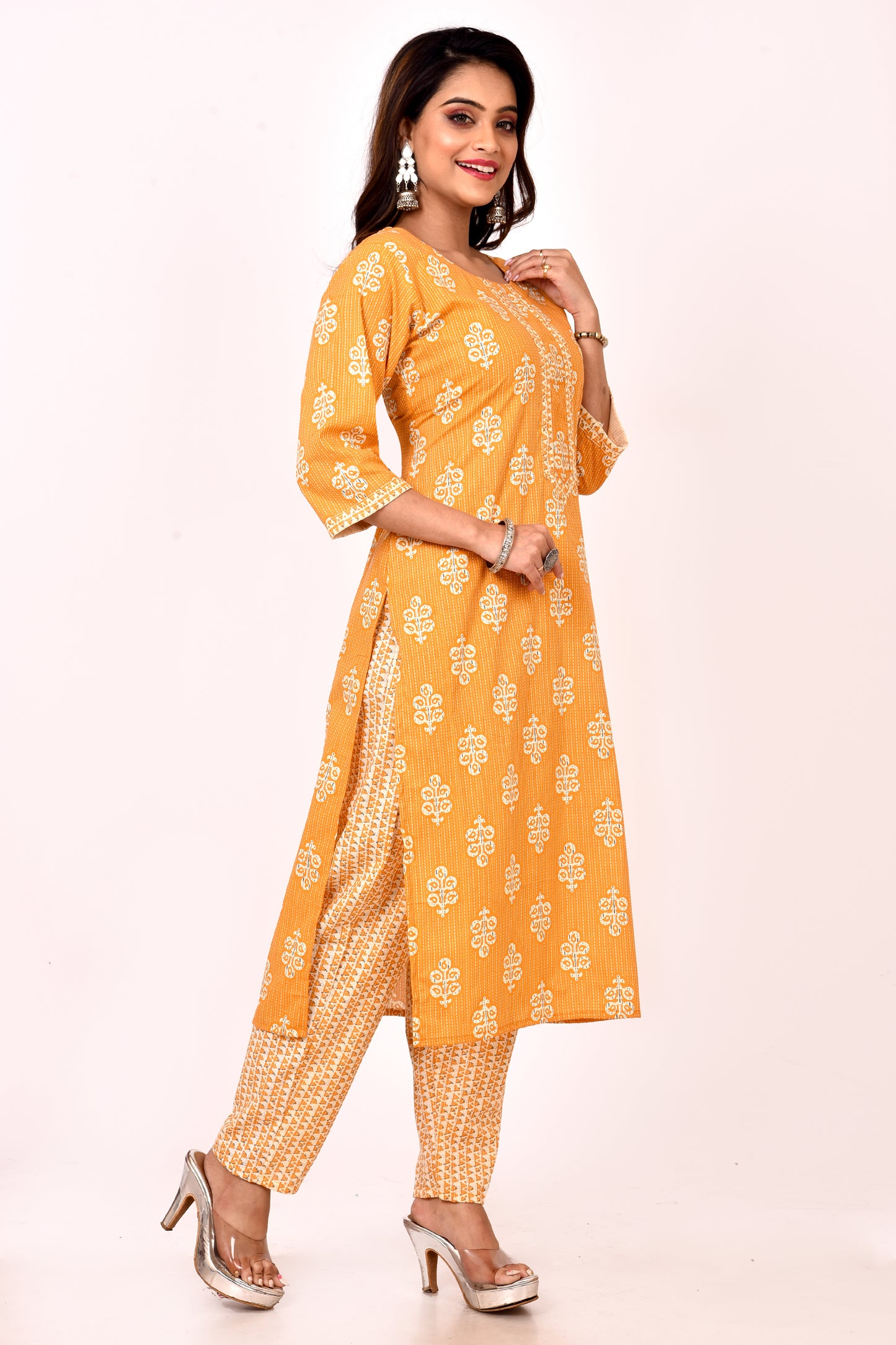 Mustard Yellow Floral Print Kurta With Pant