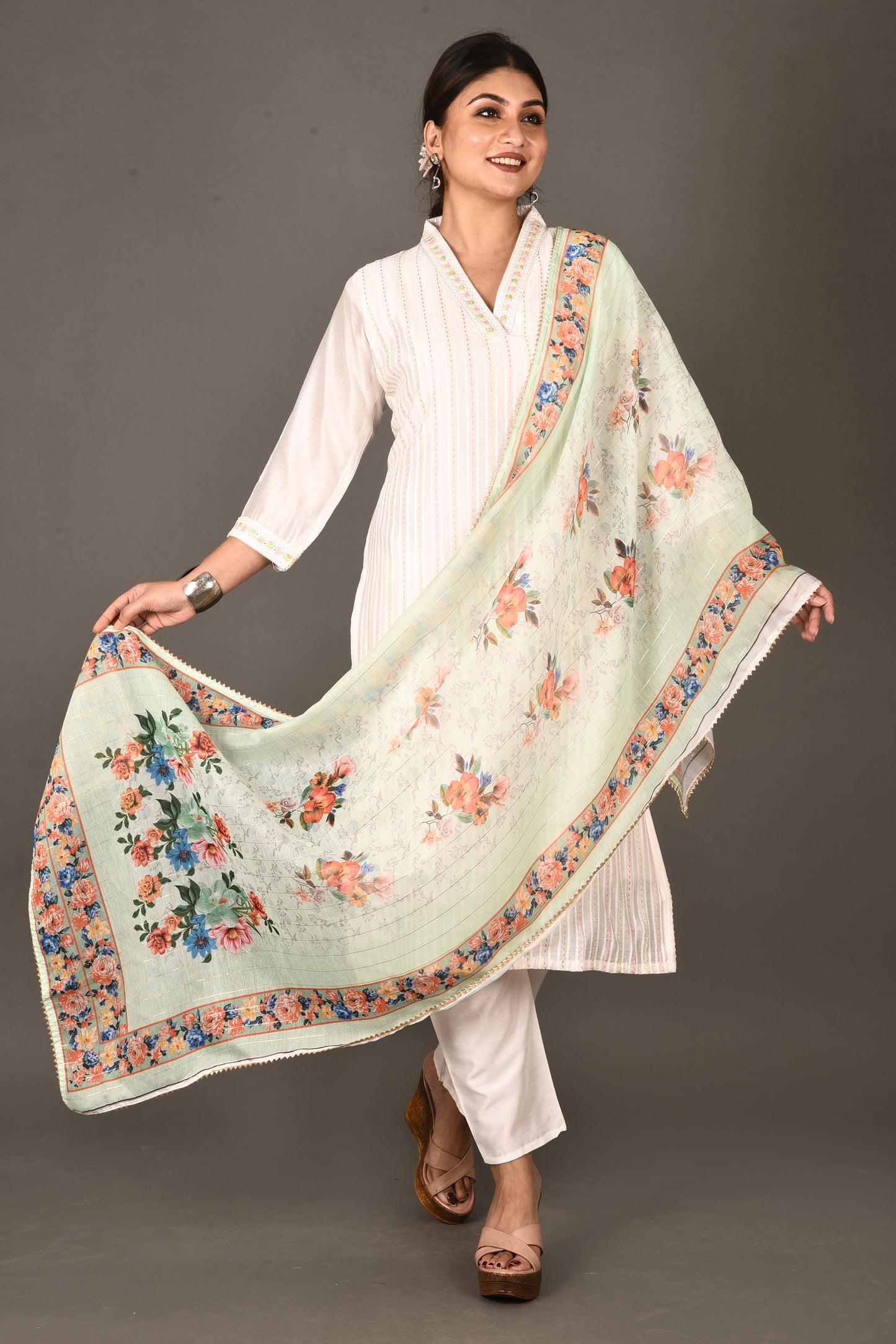 White Embroidered Kurta With Pant & Dupatta