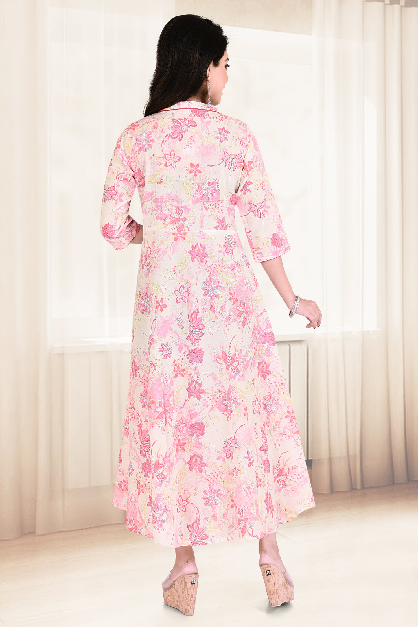 Baby Pink Floral Print Flared Kurta