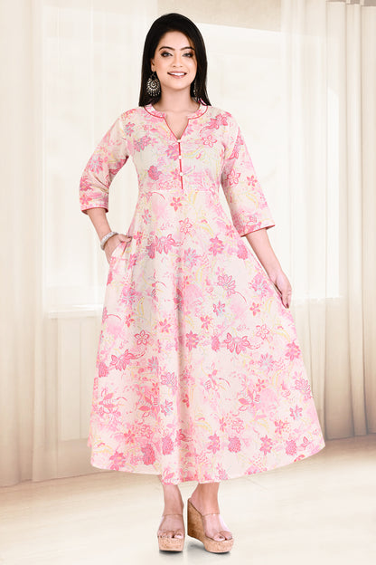 Baby Pink Floral Print Flared Kurta