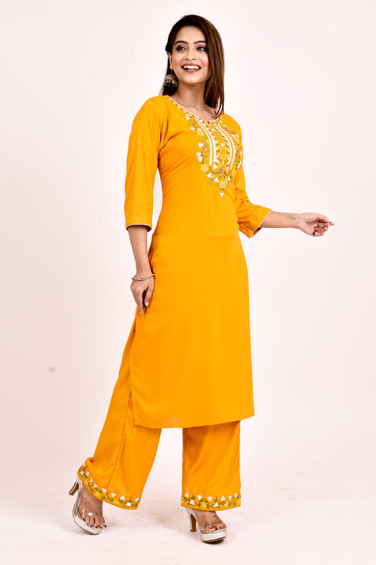 Yellow Gold Floral Embroidered Kurta With Palazzo