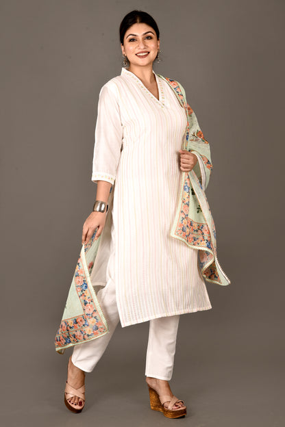 White Embroidered Kurta With Pant & Dupatta