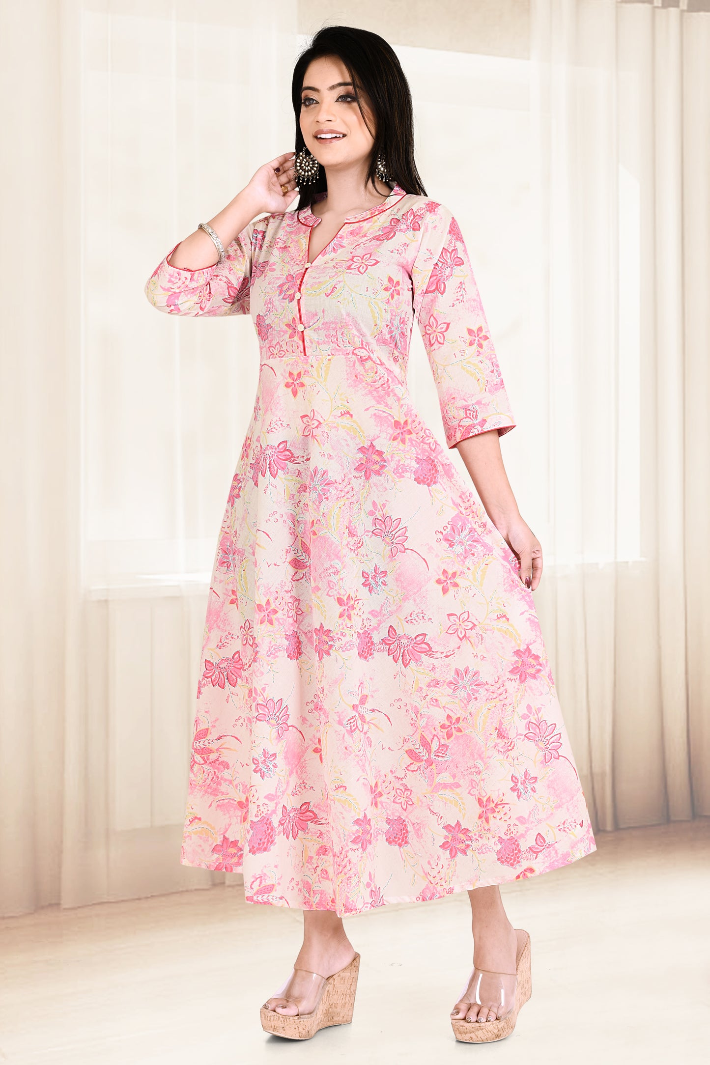 Baby Pink Floral Print Flared Kurta