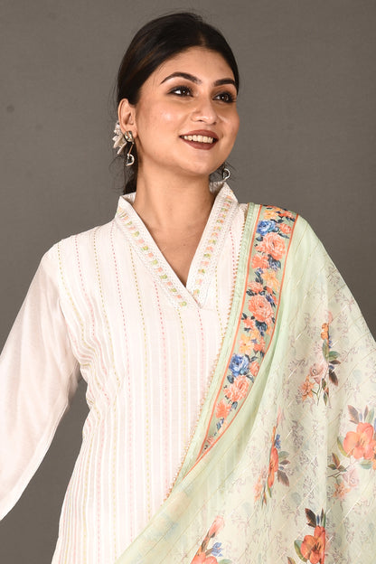 White Embroidered Kurta With Pant & Dupatta