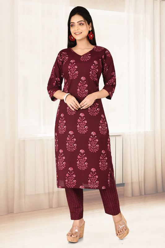 Red Purple Floral Print Kurta With Pant