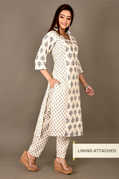 Off-White & Blue Mix-Match Floral Print Kurta With Pant