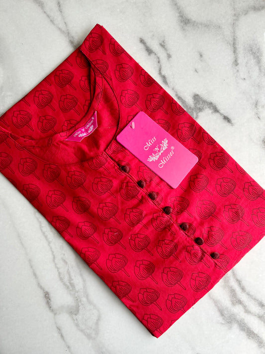 Red Lotus Print Straight Kurta