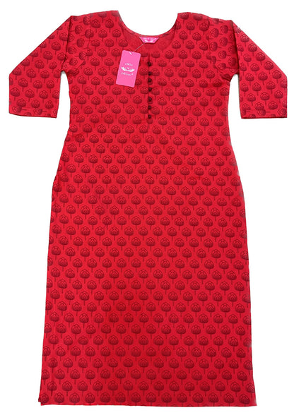 Red Lotus Print Straight Kurta